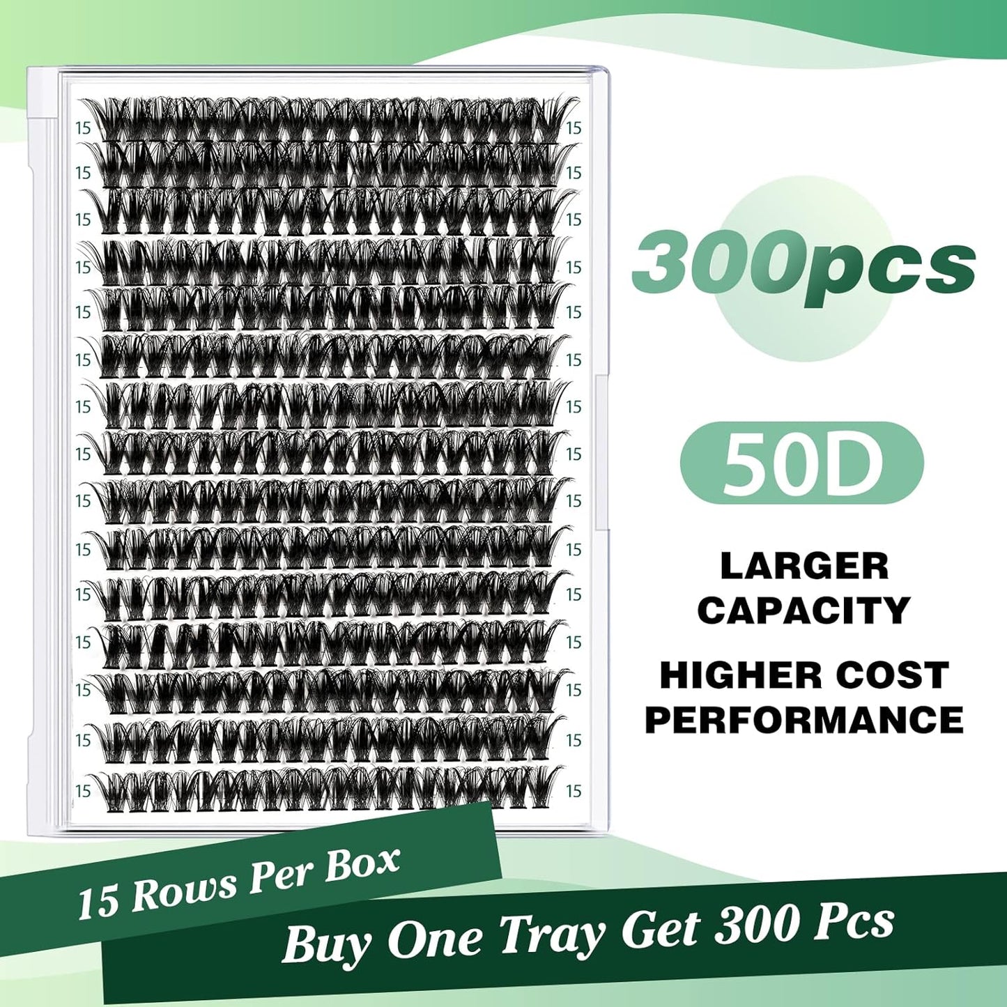 Lash Clusters 300pcs Individual Lashes 40D 0.07D Curl 15mm DIY Eyelash Extension KEYYOU Large Tray Volume Soft&Natural Eyelash Clusters(50D-0.07D,15）