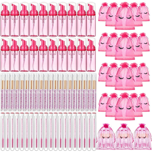 Zhehao 80 Pcs Lash Shampoo Bottle Brushes Kit 20 Foam Pump Dispensers 20 Lash Shampoo Brushes 20 Eyelash Aftercare Bag 20 Cleaning Pipes, Eyelash Extension Supplies(Rose Red)