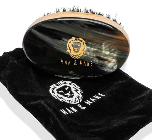 Man & Mane Premium Handmade Oxhorn & Beechwood Military Style Medium Stiff Natural Boar Bristle Men’s Hair Brush for Facial Hair & Beard Care