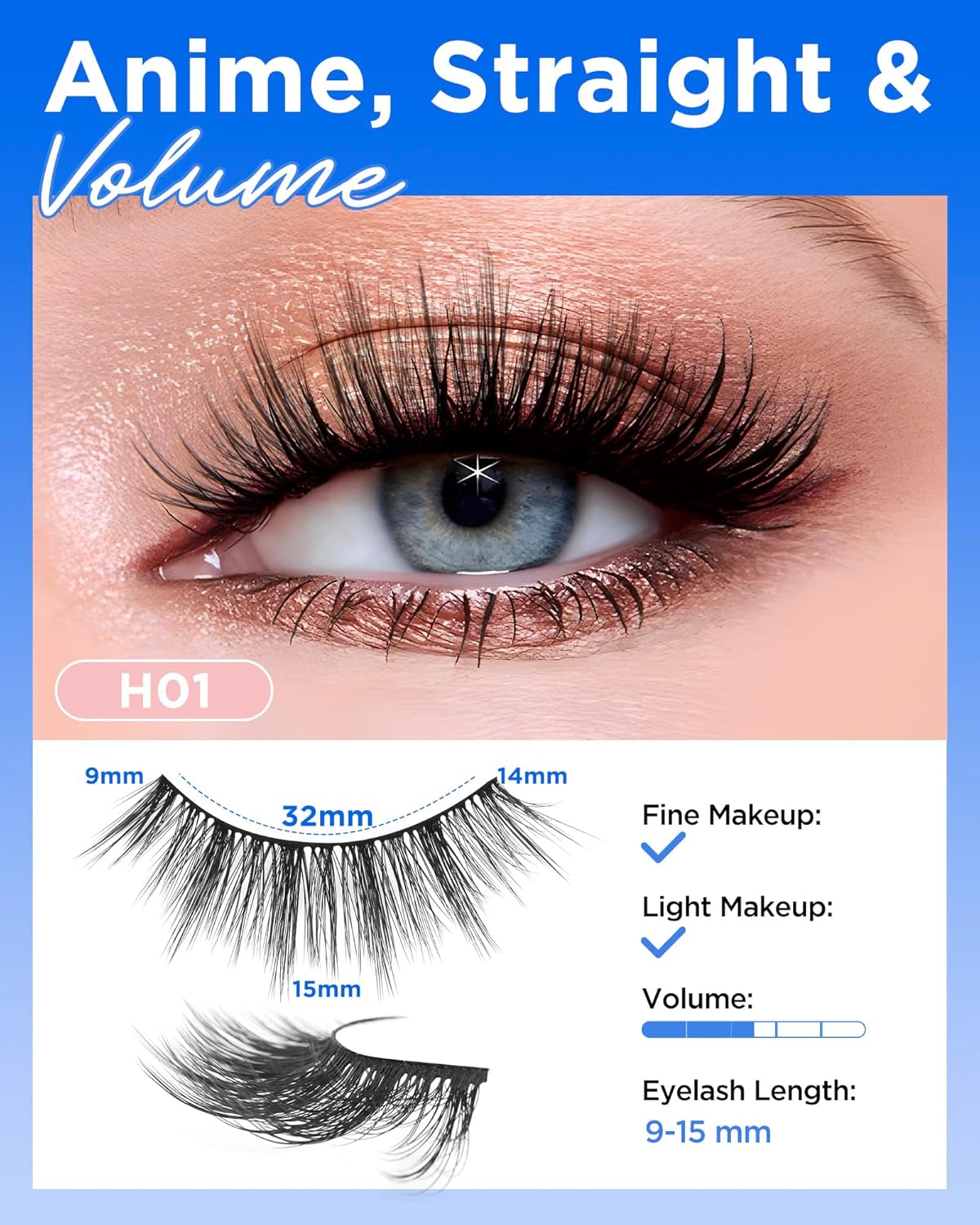 BEYELIAN 14 Pairs False Eyelashes Natural Look D Curl 9-15MM Doll Eye Fake Lashes, Soft and Lightweight Faux Mink Lashes, Reusable, Easy to Apply (14P-HSCS-01)
