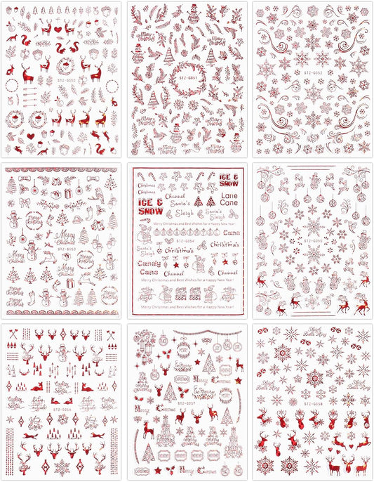 9 Sheets Christmas Nail Art Stickers Decals Self-Adhesive Pegatinas Uñas Navidad Holiday Red Xmas Snowflake Winter Nail Supplies Nail Art Design Decoration Accessories