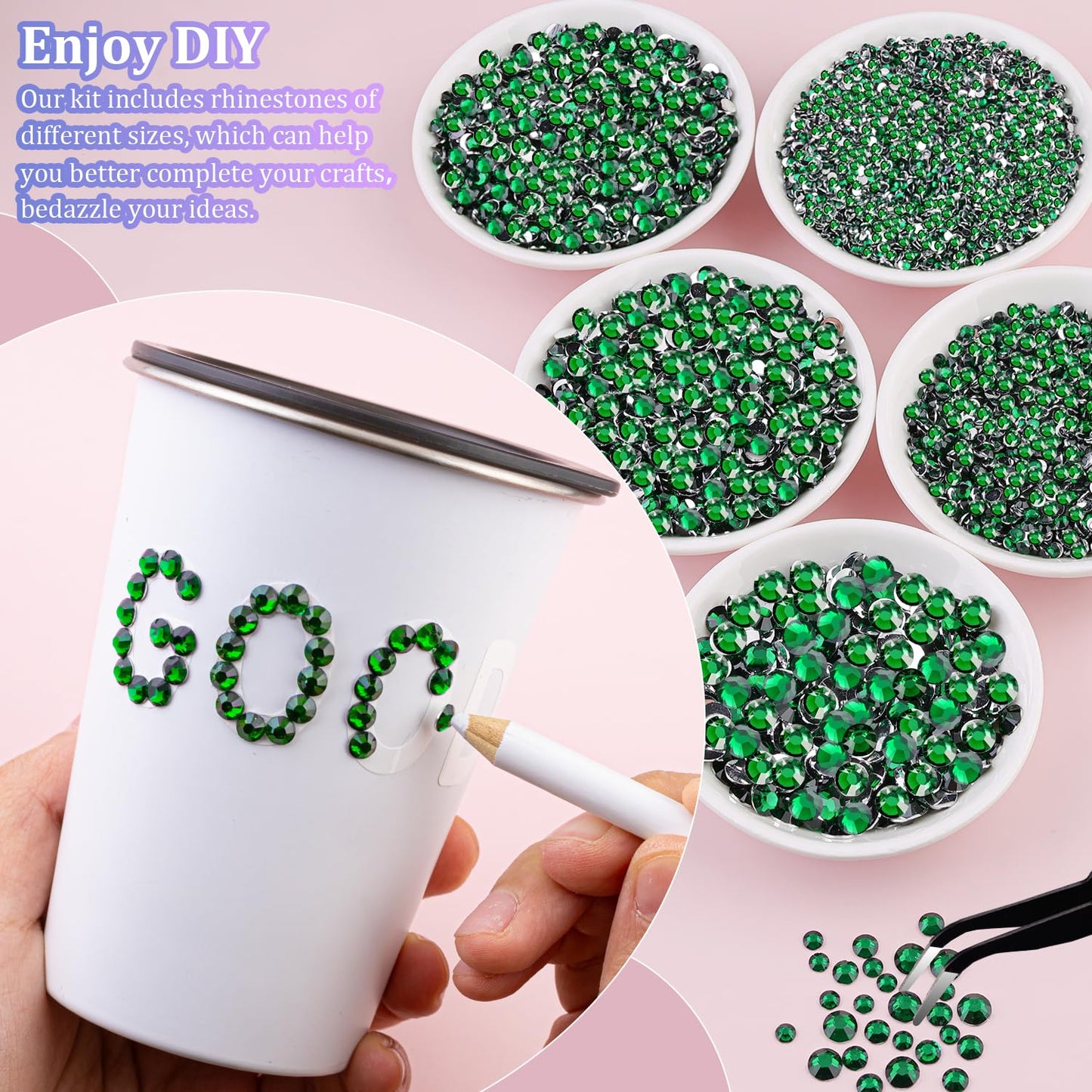 30000Pcs Resin Rhinestones for Bedazzling with Tweezers, Emerald Green Rhinestones for Crafting with B7000 Jewelry Glue for DIY Crafts Clothing Tumblers Shoes Fabric Nail Art