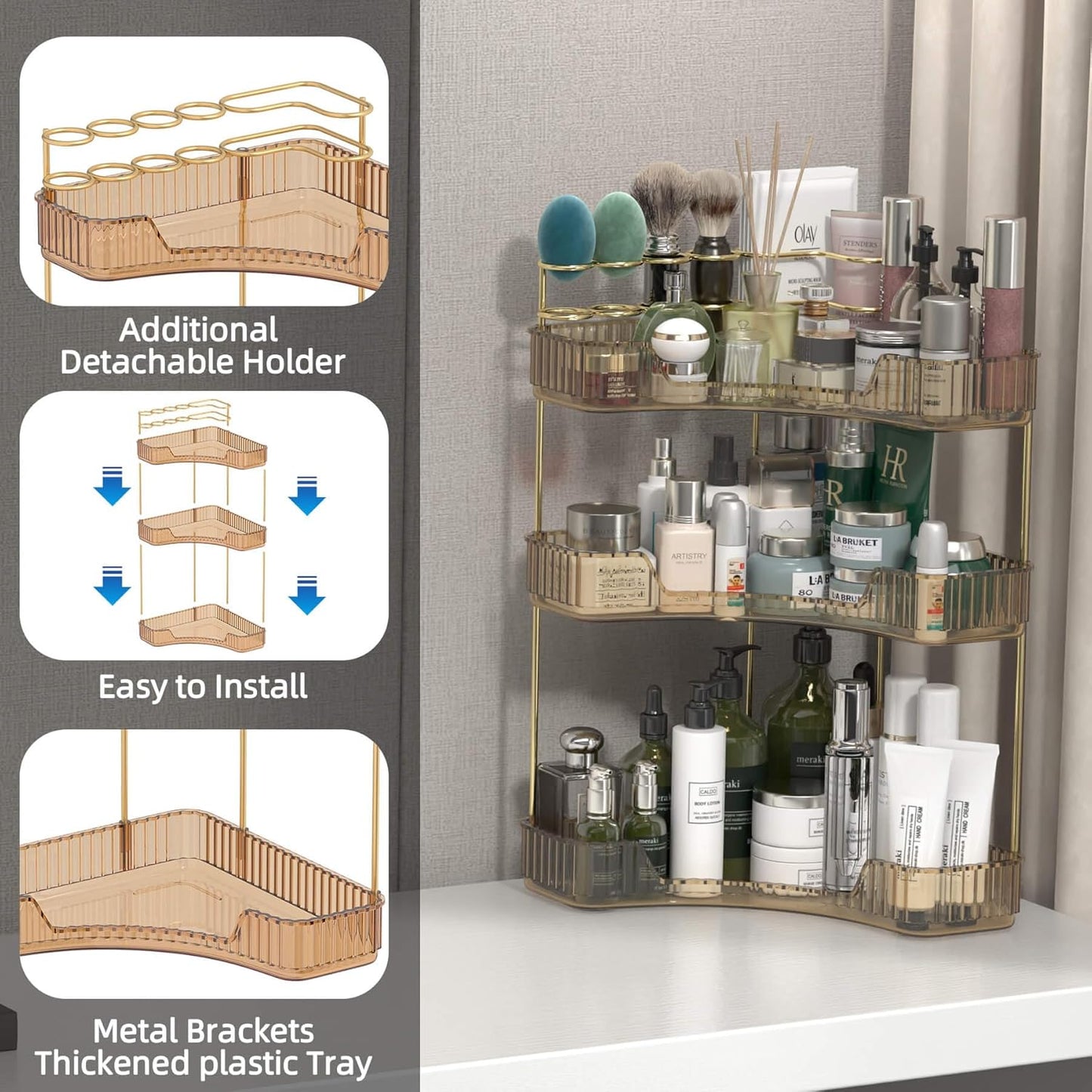 Corner Bathroom Counter Organizer with Top Toothbrush Holders, 3-Tier Make Up Organizers for Vanity with Brush Holder, Corner Storage for Bathroom, Kitchen, Dresser