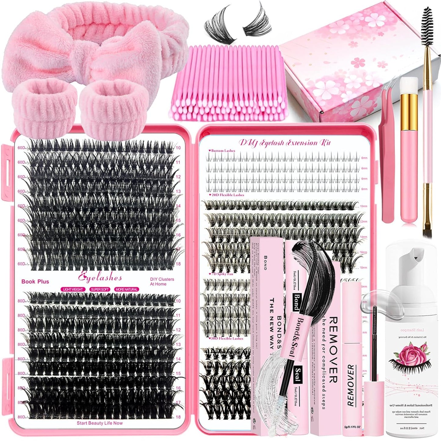 DIY Lash Extension Kit 727Pcs Lashes Clusters with Bottom Lashes Lash Bond and Seal Glue Remover Lash Shampoo Cleansing Brush Headband Wristband Tweezers Eyelash Brush Applicator