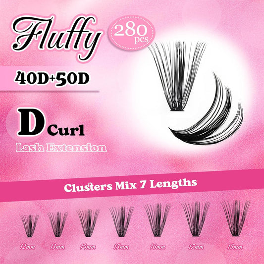 FADLASH Cluster Lashes D Curl Wispy Individual Lashes DIY Eyelash Extension Natural Look Reusable Fluffy Cluster Eyelash Extensions Self Application At Home (40D+50D-0.07D-12-18MIX)