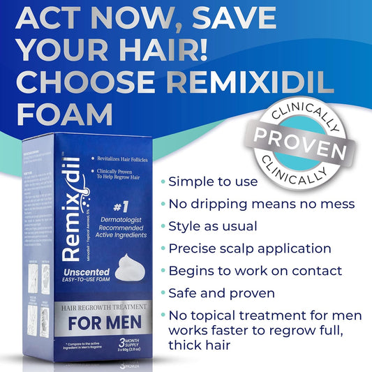 Remixidil Men’s 5% Minoxidil Foam | Hair Regrowth Treatment for Men | Clinically Proven Formula for Hair Loss and Hair Growth | No Scalp Irritation | 3-Month Supply