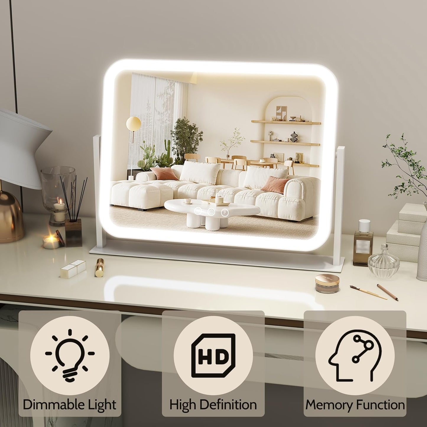 Lighted Makeup Mirror, 17"x13" Vanity Mirror with Lights and 10X Magnification, 3 Color Lighting Modes, Smart Touch Control, 360° Rotation for Bedroom or Tabletop (White)