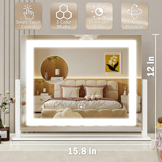16x12 Inch Vanity Mirror with Lights, Lighted Makeup Mirror with 10X Magnification, Smart Touch 3 Colors Dimmable, Dresser Mount, Bathroom (White)