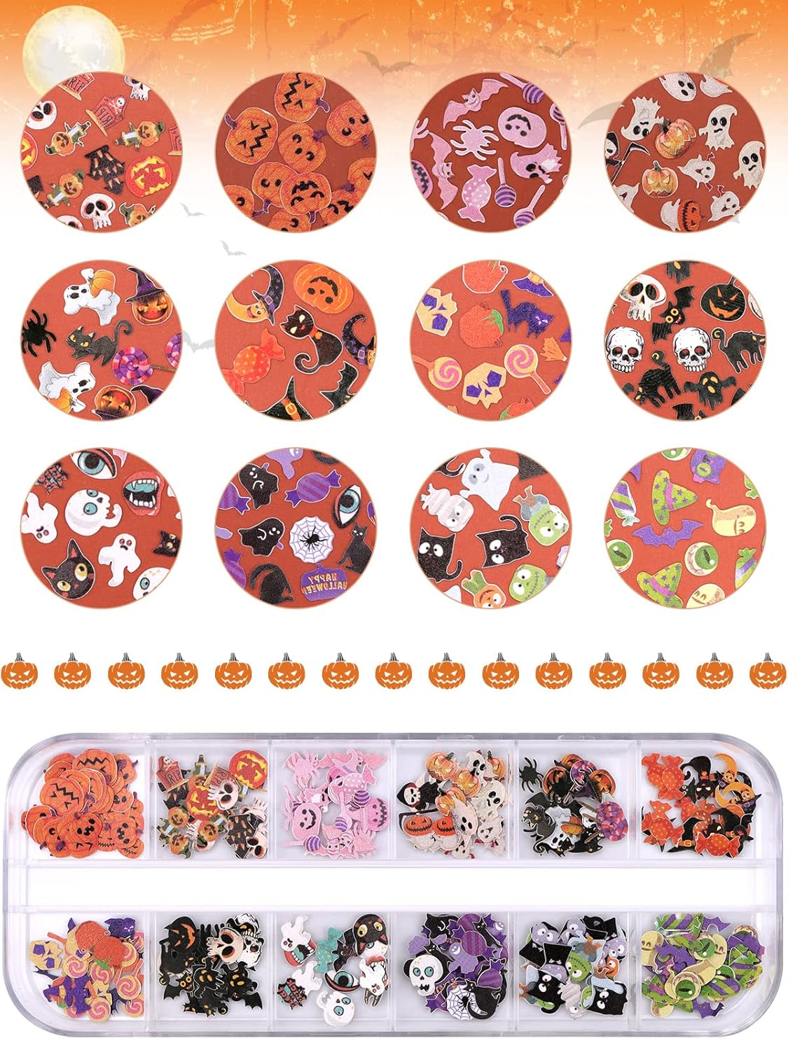 Kalolary Halloween Nail Art Sequins, 3D Skull Spider Pumpkin Bat Ghost Witch Stickers for Acrylic Nails, Halloween Wood Pulp Glitter Flakes for Nail Art Decorations