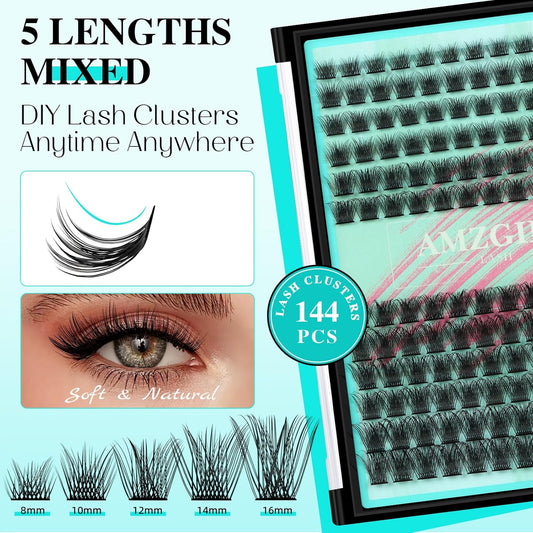Lash Clusters 144Pcs Eyelash Extension Midnight Lashes Extensions Natural Cluster Lashes for Individual Eyelashes Extension by AMZGlRL(D-Mix8-16mm)