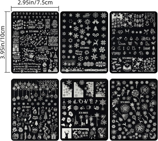 6Pcs Christmas Stamping Plates Set Winter Nail Stamp Kit Xmas Art Image Plates With Snowflakes Tree Bell Snowman Elk Designs DIY Stainless Steel Polish Template