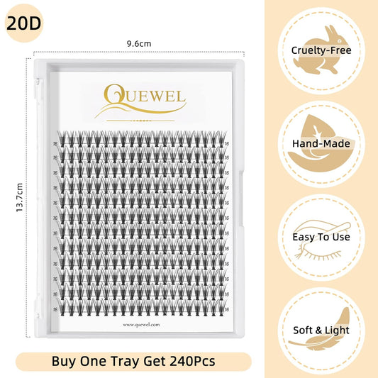 QUEWEL Cluster Lashes 240Pcs Individual Lashes 20D 0.07C Curl 16mm Knot-Free Lash Extensions Clusters Lashes Soft&Natural False Eyelashes Individual DIY Eyelash Extension at Home(20D 0.07C 16)