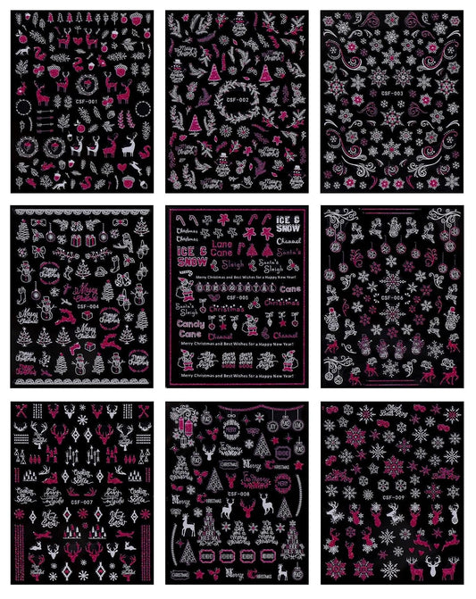 JMEOWIO 9 Sheets Christmas Pink Glitter Nail Art Stickers Decals Self-Adhesive Snowflake Winter Holiday Nail Supplies Nail Art Design Decoration Accessories