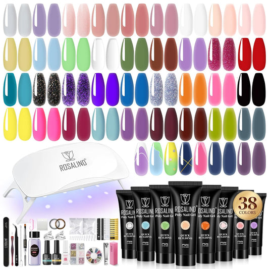 ROSALIND 38 Colors Color Poly Nail Gel Colors Kit with Mini Nail Lamp Clear Neon Poly Nail Gel Starter Kit for Beginners Halloween All Seasons Classic Colors with Everything