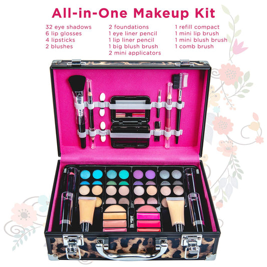 Makeup Kit Gift Set – 79 Piece - 32 Eye Shadows, 2 Blushes, 2 Lip Glosses, 2 Lipsticks, 2 Eye Liner Pencils, 1 Lip Liner Pencil, 1 Mascara - Case with Carrying Handle