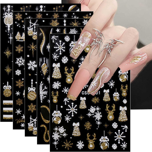 JMEOWIO 8 Sheets Christmas Glitter Nail Art Stickers Decals Self-Adhesive Snowflake Winter Holiday Cute Nail Supplies Nail Art Design Decoration Accessories