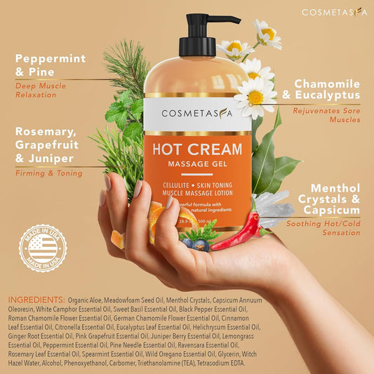 Cellulite Massage Oil & Hot Cream - 100% Natural Cellulite Oil & Gel, Highly Absorbable, Firm, Tone, Tighten & Moisturize Skin - Soothes Muscles (16.9 Fl Oz Each Bottle)