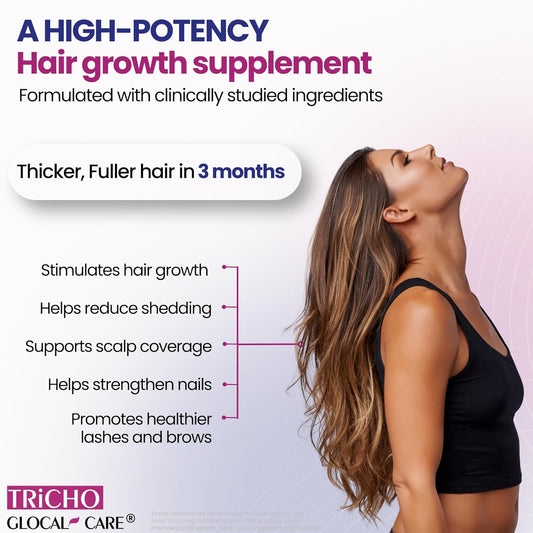 GlocalCare Tricho - Hair Growth Supplement, DHT Blocker with Saw Palmetto, 5000mcg Biotin & L-Cysteine - Revitalizes Thinning Hair, Stimulates Follicles & Promotes Regrowth in Men & Women - 30 ct