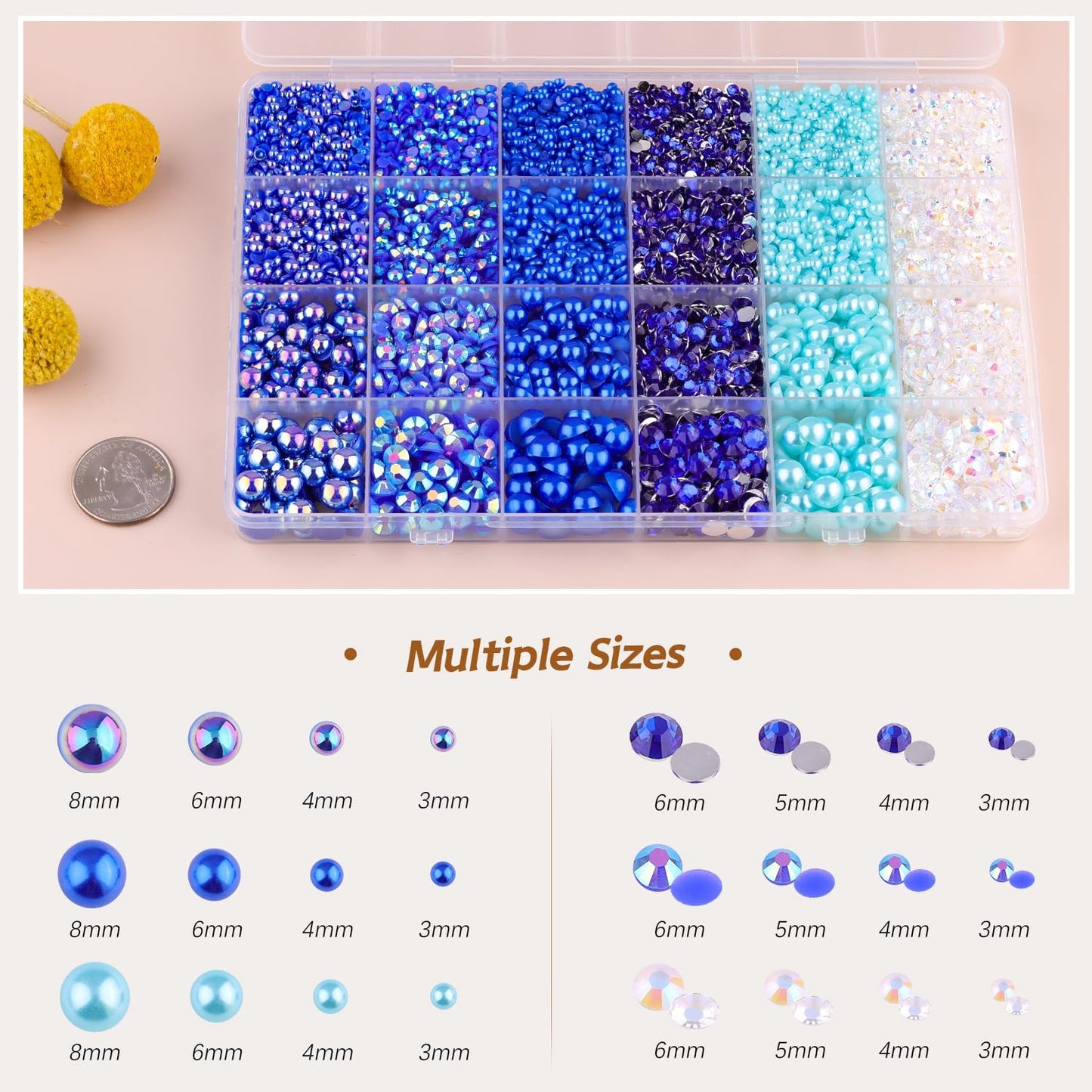 9000PCS Flatback Pearls and Rhinestones for Crafting, Dark Blue 3-10mm Resin Rhinestones and Half Pearls for Bedazzling, Nail Art and Dec with 3pcs B7000 Jewelry Glue, Tweezer and Pickup Pencil