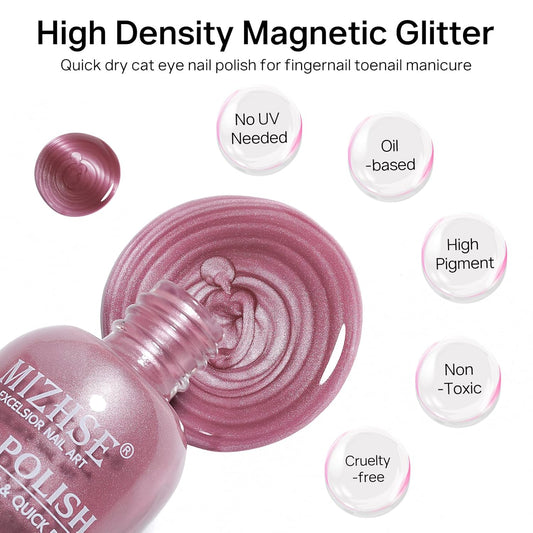 MIZHSE Quick Dry Cat Eye Nail Polish, Pink-Purple Magnetic Nail Polish with Magnet, Air Drying Fast 15ml Cateye Nail Lacquer for Women Girls Non-Gel Nail Art Manicure DIY Home