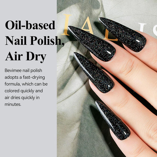 Nail Polish Quick Dry, Black Glitter Nail Lacquer Air Fast Drying, Sparkle Mooncat Nail Pigment Oil-based High Coverage Holographic Fingernail Concealer Polish, 1PC 12ML Long Wear