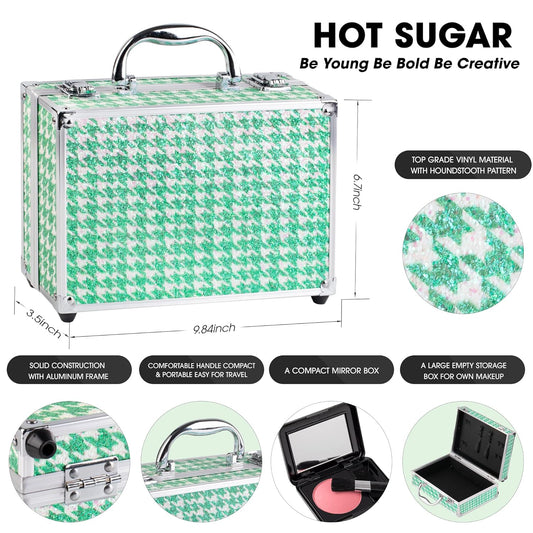 Hot Sugar Teen Makeup Kit for Girls 10-13 Full Starter Cosmetics Set with Eye Shadow Lip Balm Blush Lip Gloss Brush Lip Pencil Eye Pencil and Mirror (GREEN HOUNDSTOOTH)