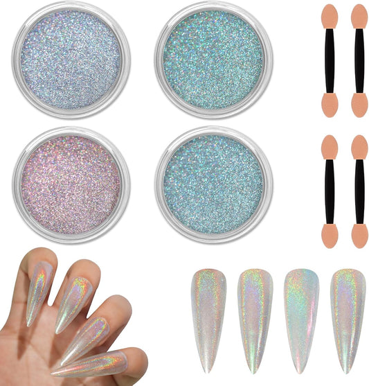Allstarry Chrome Nail Powder Holographic Aurora Metallic Mirror Laser Effect Pigment, Iridescent ICY Aurora Glitter Dust Kit for Gel Polish Nail Art Decoration, Resin Craft - Emerald Rainbow