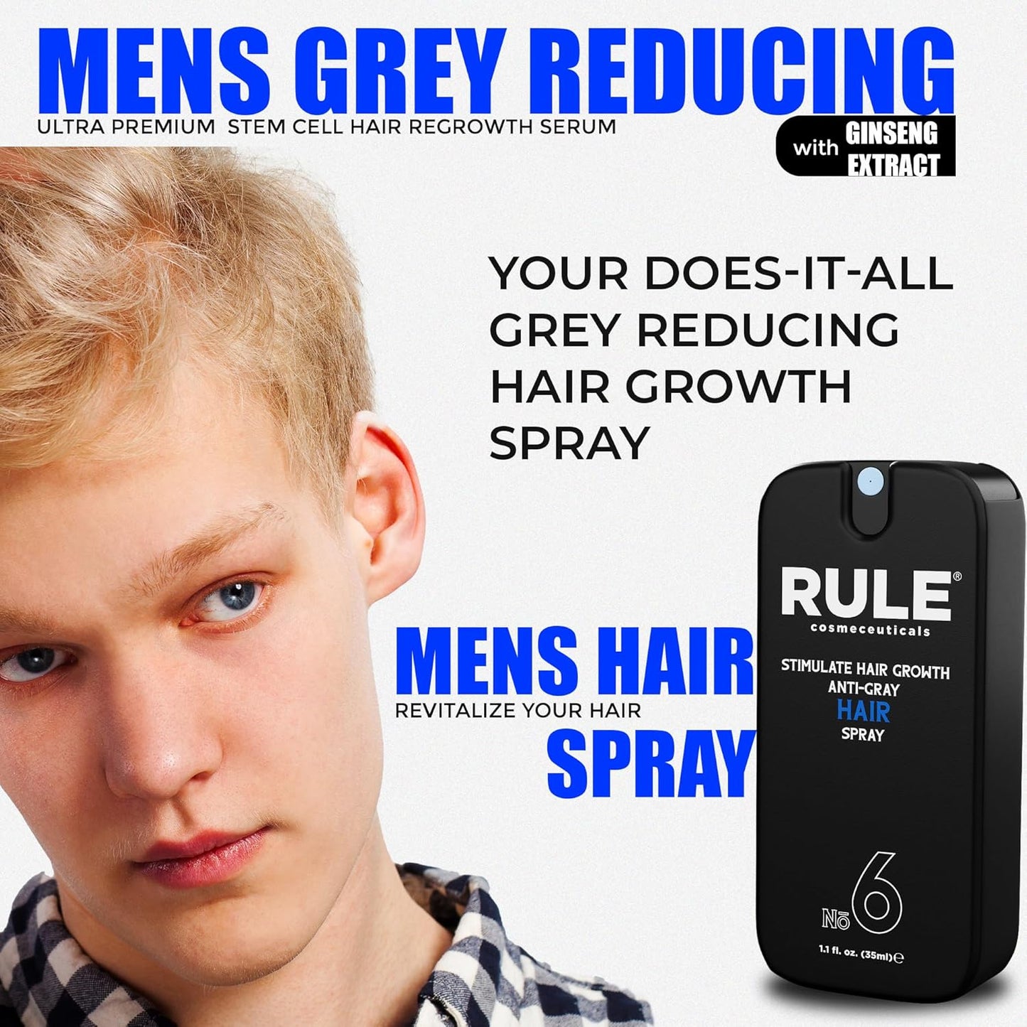 RULE No.6 Hair Growth Spray & Anti Grey Hair Treatment, Minoxidil Alternative Hair Regrowth Treatment for Men, Natural Hair Color Restorer, Topical Hair Growth Serum, Stop Hair Loss & Thinning