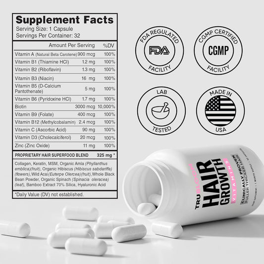 Tru Bloom Hair Growth Vitamins - 1 Month Supply. Clinically Proven to Grow Fuller, Thicker Hair. Natural & Drug-Free with Biotin, MSM, Zinc, D3 + Hair Superfoods. Non GMO