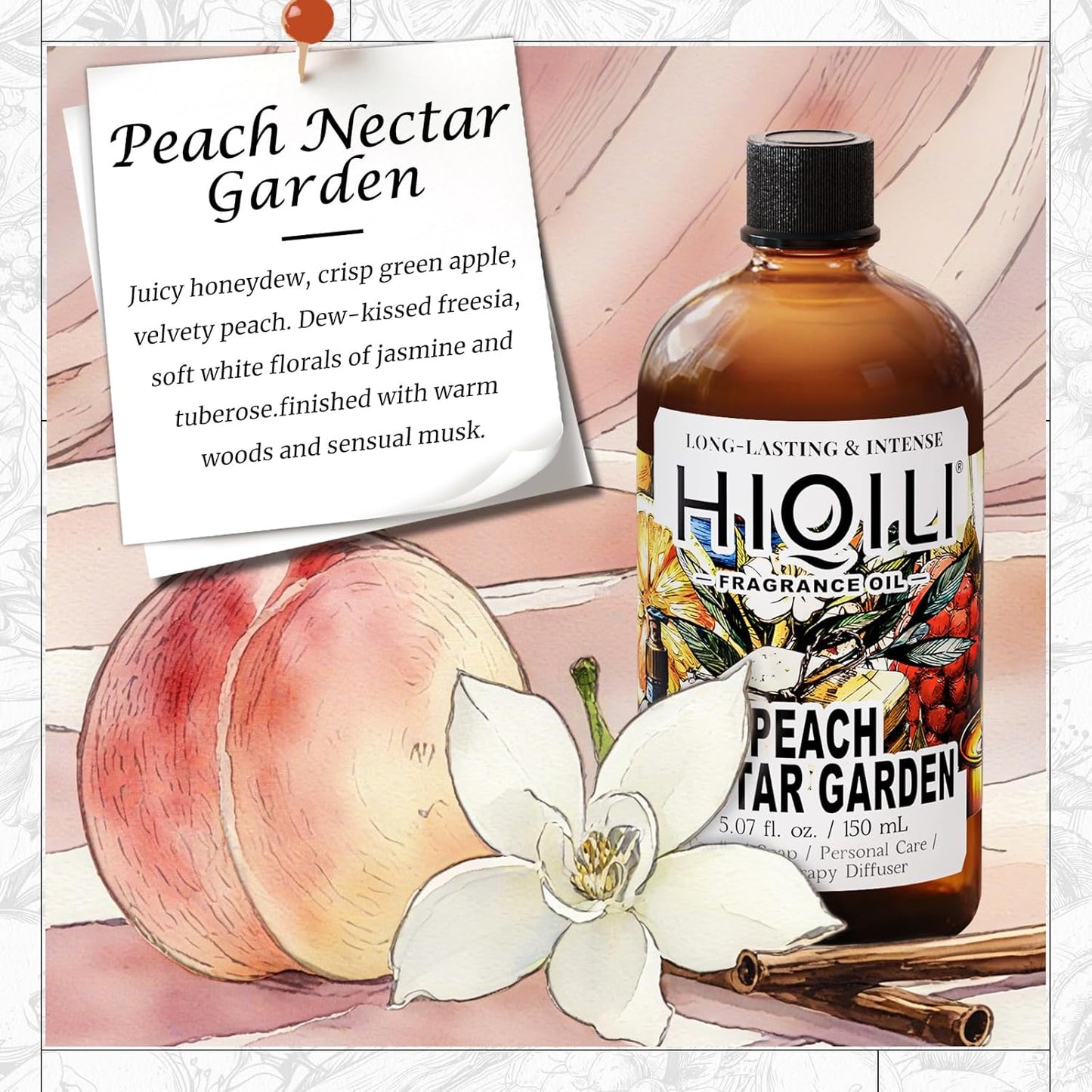 HIQILI Peach Nectar Garden Fragrance Oil for Diffuser, Inspired by Pris.HIL-ton, Candle & Soap Making, Sweet Floral-Fruity Notes, Long-Lasting Scent- 5.07fl oz