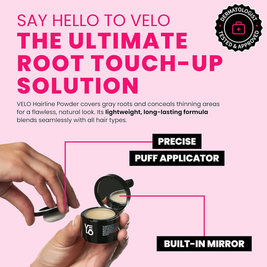 VELO Hairline Powder–LIGHT BLONDE Hair Root Touch Up Powder for Women & Men–Instantly Covers Gray Hair, Thinning Hair & Bald Spots–Sweatproof Root Cover Up–Puff & Mirror Compact 13 Shades