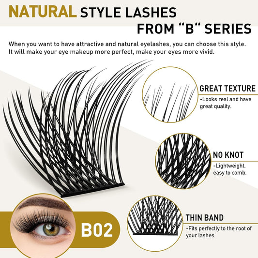 Lash Clusters B02 D Curl 12mm DIY Eyelash Extensions 72 Clusters Lashes B&Qaugen Mega Volume Individual Lashes Eyelash Clusters Extensions Wispy Individual Lashes Cluster DIY at Home (NM-D-12mm)
