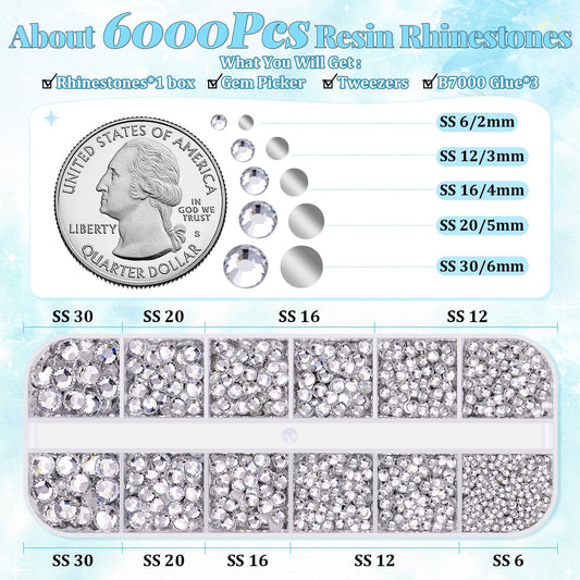 6000Pcs Resin Rhinestones for Bedazzling with 3Pcs B7000 Jewelry Glue, 1 Box Clear Flatback Rhinestones for Crafting Crafts DIY, Crystals Gems for Clothing Shoes Tumblers Nail Art Makeup