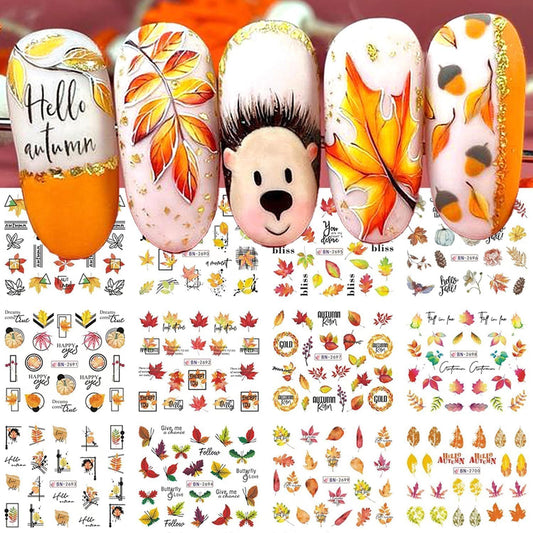 Fall Thanksgiving Nail Art Stickers Decals, 12 Sheets Maple Leaf Design Water Transfer Nail Decals Autumn Thanksgiving Nail Art Decoration Abstract Leaves Ginkgo Slider Nail Foils for Women DIY Supply
