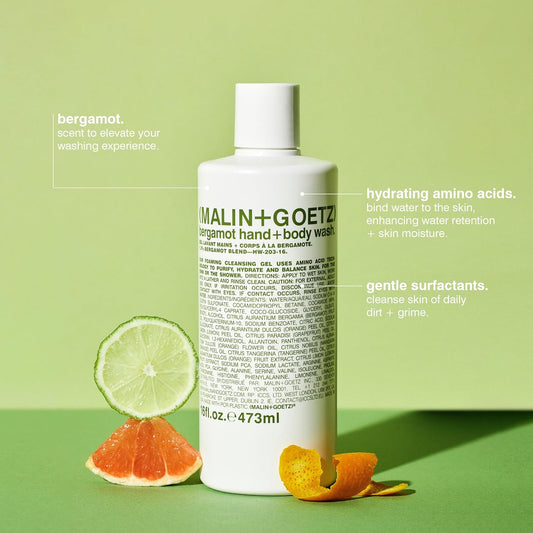 Malin + Goetz Essential Bergamot Purifying, Hydrating Hand + Body Wash, Natural Ingredients for All Skin Types, Soap for Sensitive, Dry Skin, No Stripping, Irritation, 16 Fl Oz