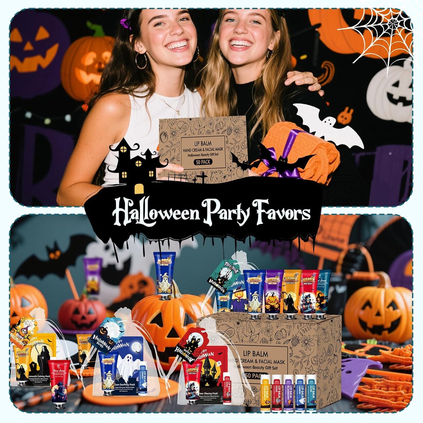 VESPRO 50 Pack Halloween Hand Cream, Facial Mask and Lip Balm Set, Bulk Halloween Gifts for Women, Halloween Decorations, Halloween Party Favors, Halloween Basket Stuffers and Halloween Skincare