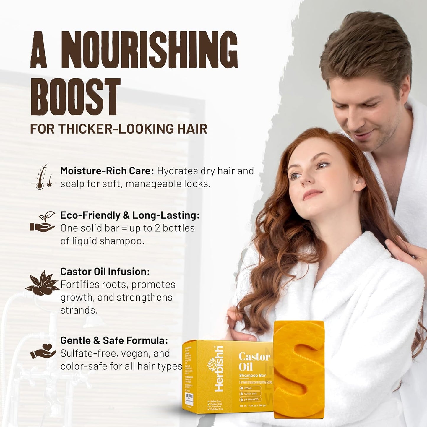 Herbishh Castor Oil Shampoo Bar – Nourishing Solid Shampoo Bar for Hair Growth & Thinning Hair – Castor Oil Soap for Healthy Moisturized Scalp – Natural & Organic Soap for Women & Men 3.53 oz