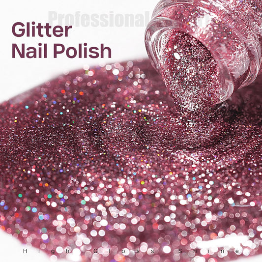 MIZHSE Quick Dry Glitter Pink Nail Polish, Shimmery Nail Polish Air Fast Drying, 15ml High Glossy Sparkly Shiny Nail Lacquer Nail Art Salon Manicure Home