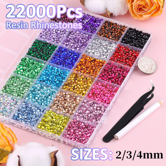 22000Pcs Resin Rhinestones for Bedazzling with Tweezers, Multicolor 2/3/4mm Rhinestones for Crafting with 3Pcs 10ml B7000 Jewelry Glue for DIY Crafts Clothing Tumblers Shoes Fabric Nail Art