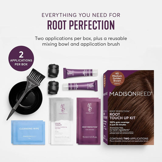 Madison Reed Root Perfection Permanent Root Touch Up, Medium Golden Brown 6G Dervio, 10 Minutes for 100% Gray Root Coverage, Ammonia-Free Hair Dye, Two Applications