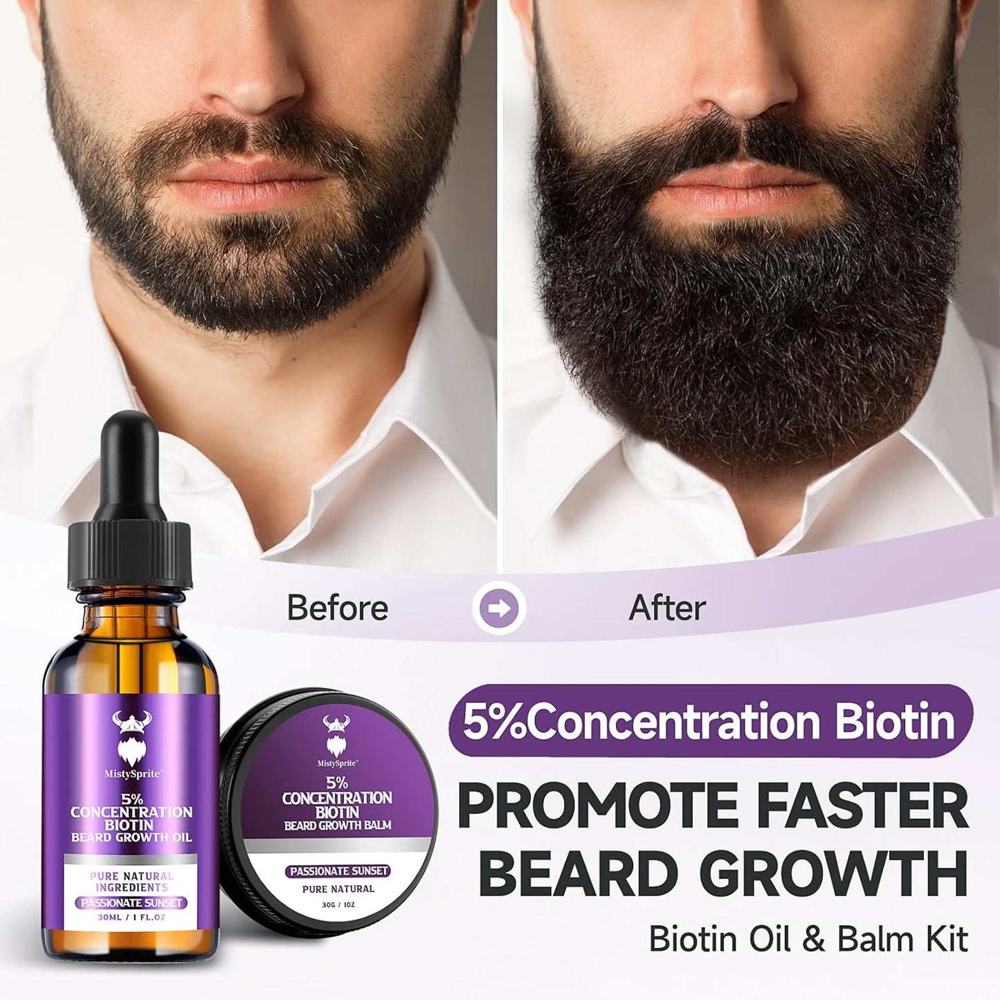 Beard Growth Kit - 5% Concentration Biotin Beard Oil for Men (2 oz) - Natural Mens Beard Oil with Argan Oil, Jojoba Oil and Vitamin, Beard Growth Softener, Moisturizer (Passionate Sunset)