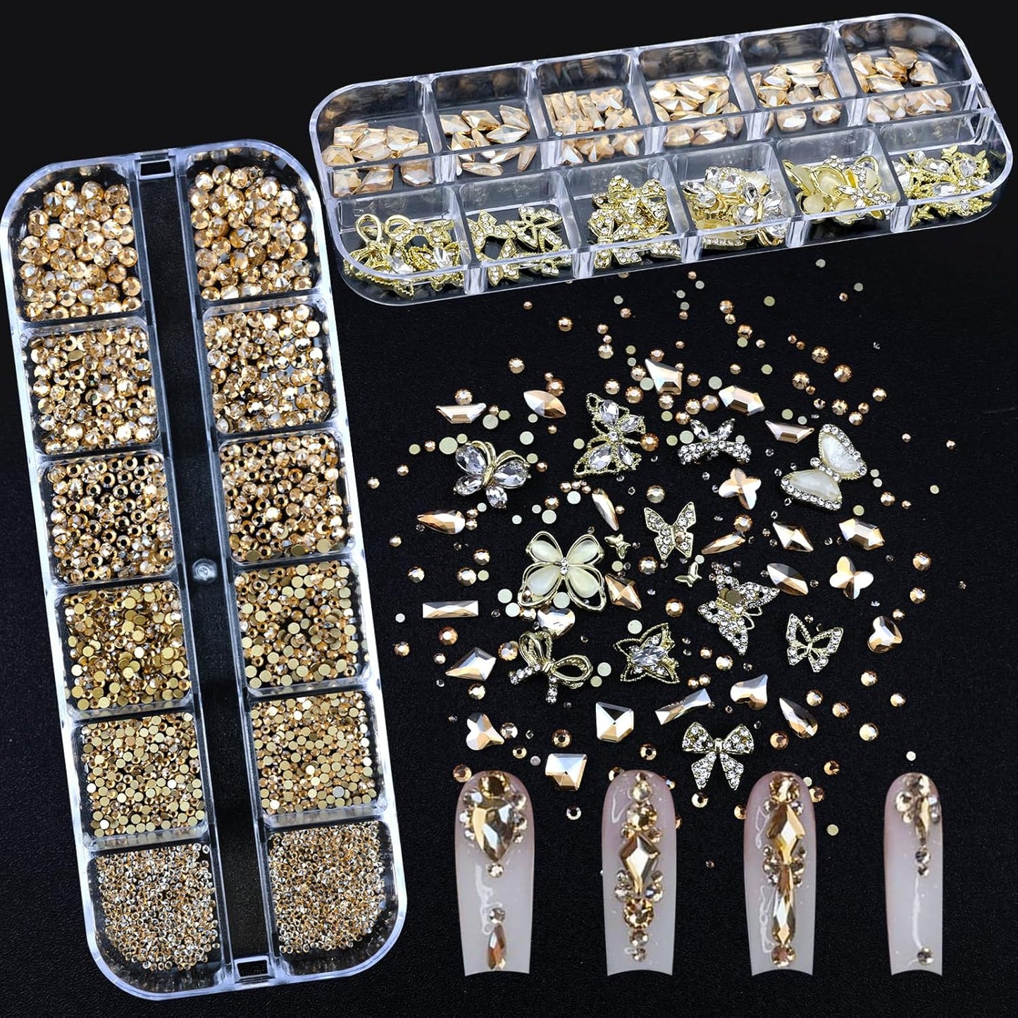 Nail Art Charms Rhinestones with Glue Gel Champagne Nail Rhinestones Supplies Accessories Gold Butterfly Multi Shape Crystal AB Rhinestone Nails Gems Jewelry for Women Nails Design