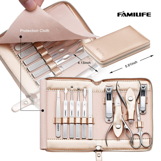 FAMILIFE Gifts for Women, Manicure Set Professional Manicure Kit 11 in 1 Nail Kit Nail Clippers Tools Stainless Steel with Rose Gold Leather Case Travel Sets
