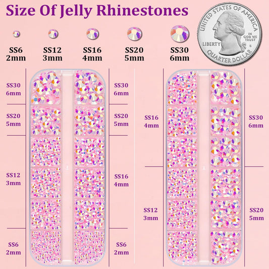 Resin Jelly Rhinestones for Crafting with B7000 Jewelry Glue, 2 Boxes Light Pink AB Flatback Crystals with 3Pcs 10ml Glue, Bedazzling Non Hotfix Gems for DIY Tumblers Clothing Shoes Manicure