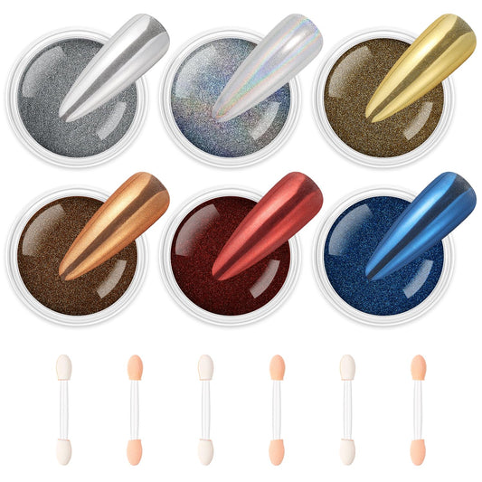 AIMEILI Chrome Nail Powder, Vegan, Cruelty Free, 6 Colors Mirror Effect Holographic Chameleon Manicure Nail Art Decoration Glitter for Nail Art Women Gift