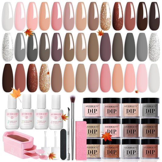 AZUREBEAUTY Dip Powder Nail Kit Classic Brown Nude Collection Glitter Fall 20 Colors Neutral Chocolate Skin Tone Dip Liquid Set with Base/Top Coat Activator French Art Manicure Salon Home