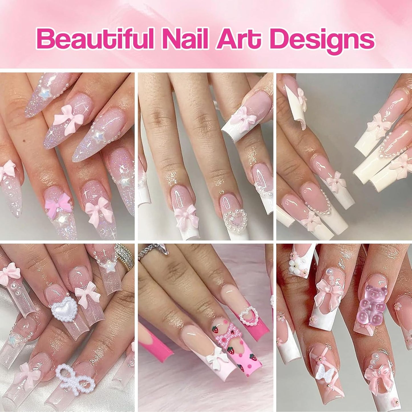 Silver Nail Gems Charms, 3D Pink Color Nail Art Charms, Acrylic Blossom Tiny Flowers Flatback Multi Styles Pearls Nail Charms Planet Heart Butterfly Nail Diamond Charms for Nails Manicure DIY Crafts