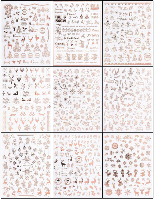 JMEOWIO 9 Sheets Christmas Nail Art Stickers Decals Self-Adhesive Pegatinas Uñas Navidad Rose Gold Winter Holiday Xmas Snowflake Nail Supplies Nail Art Design Decoration Accessories