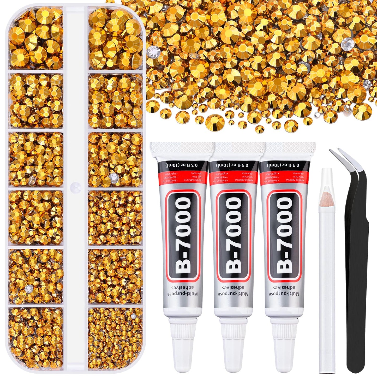 6000Pcs Resin Rhinestones for Bedazzling with 3Pcs B7000 Jewelry Glue, 1 Box Mine Gold Flatback Rhinestones for Crafting Crafts DIY, Crystals Gems for Clothing Shoes Tumblers Nail Art Makeup