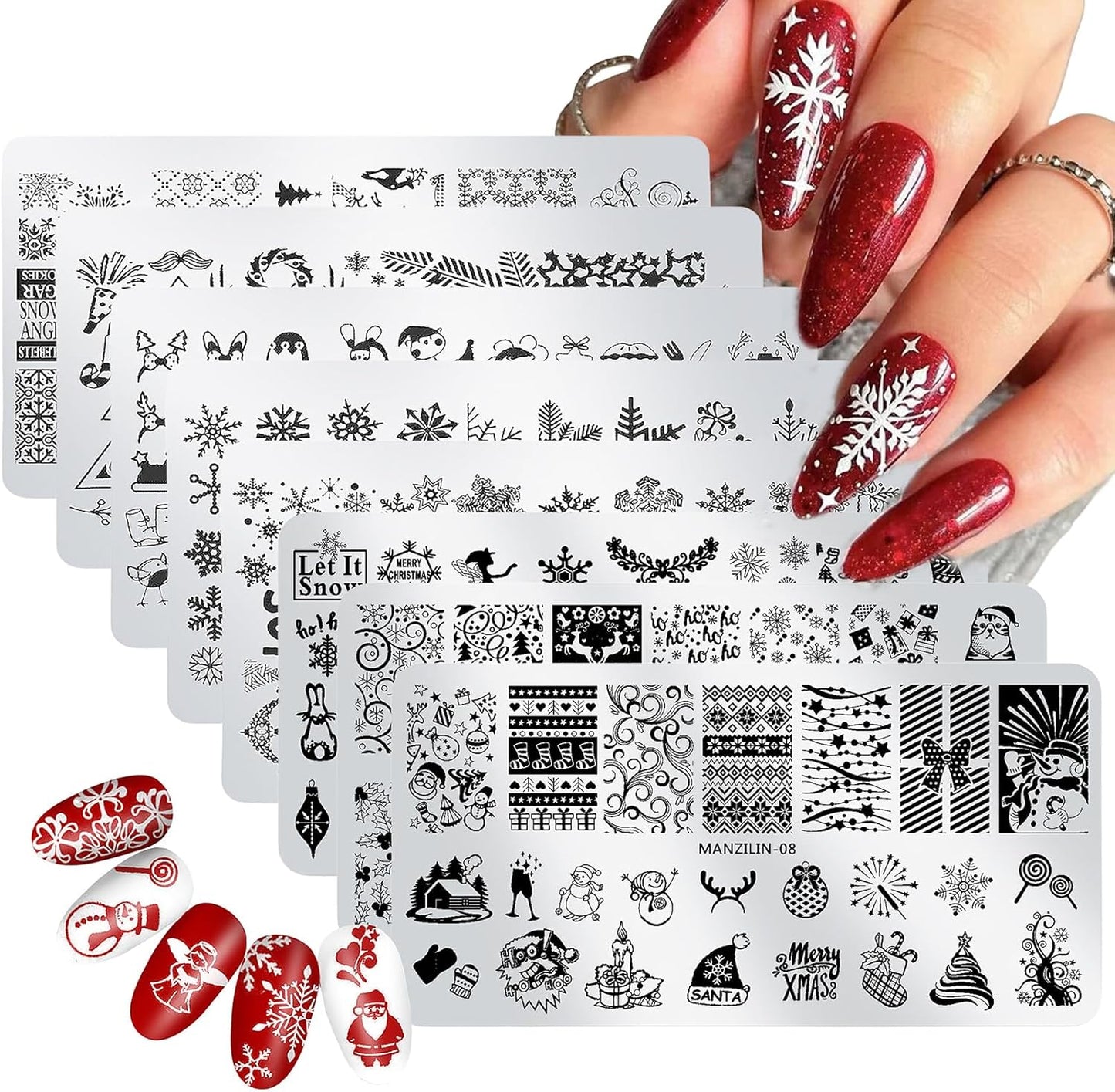 Christmas Nail Stamping Plates - Winter Stamp Kit with Snowflake, Santa Claus, Christmas Tree, Elk & Candy Bells Designs - DIY Stainless Steel Nail Image Polish Template Kit (8Pcs)